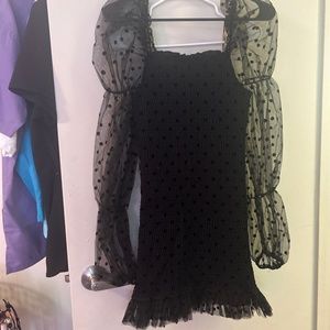 Black pilkaDot Smocked puff sleeve dress